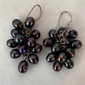 Black Tahitian Pearls Cluster Earrings Gray Blue Purple Overtones 925 Hooks
